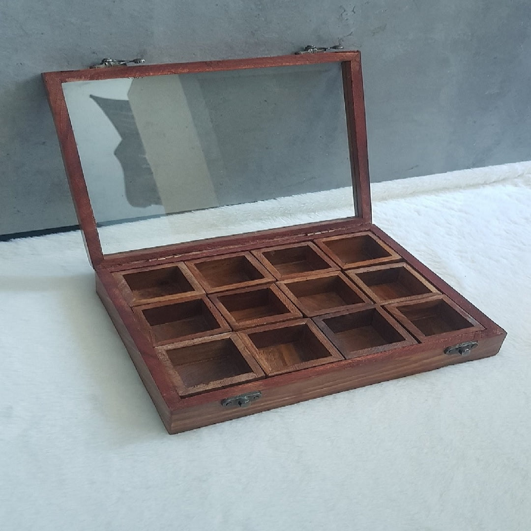 Wooden Multi-Compartment Storage Box Multipurpose Table Top Glass Lid on Top Box Spice box Dry Fruit Box