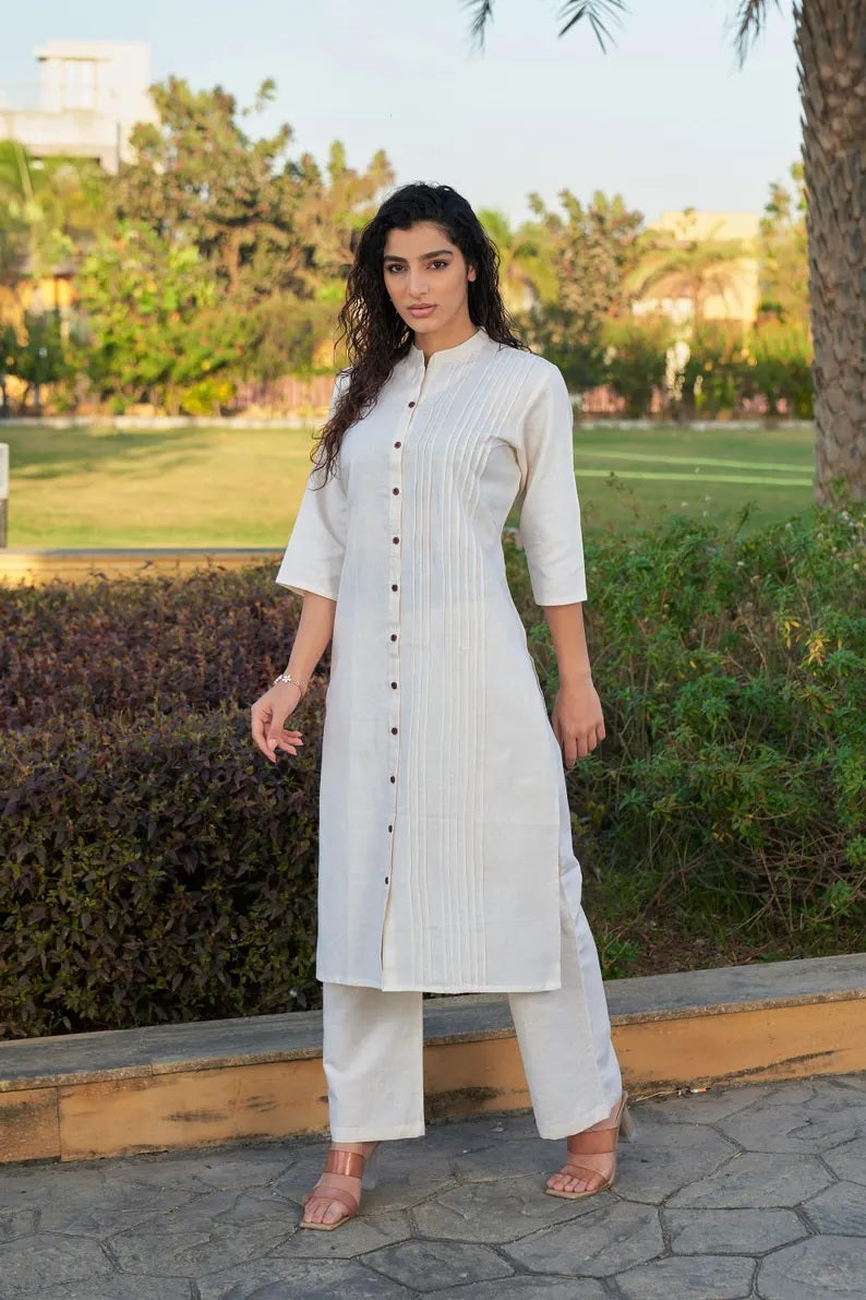 Linen Pleated Kurta Set Kurta Salwar Set for women