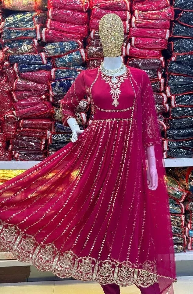 Classic Ethnic Stitched Pure Faux Georgette Long Anarkali Gown Pant Dupatta