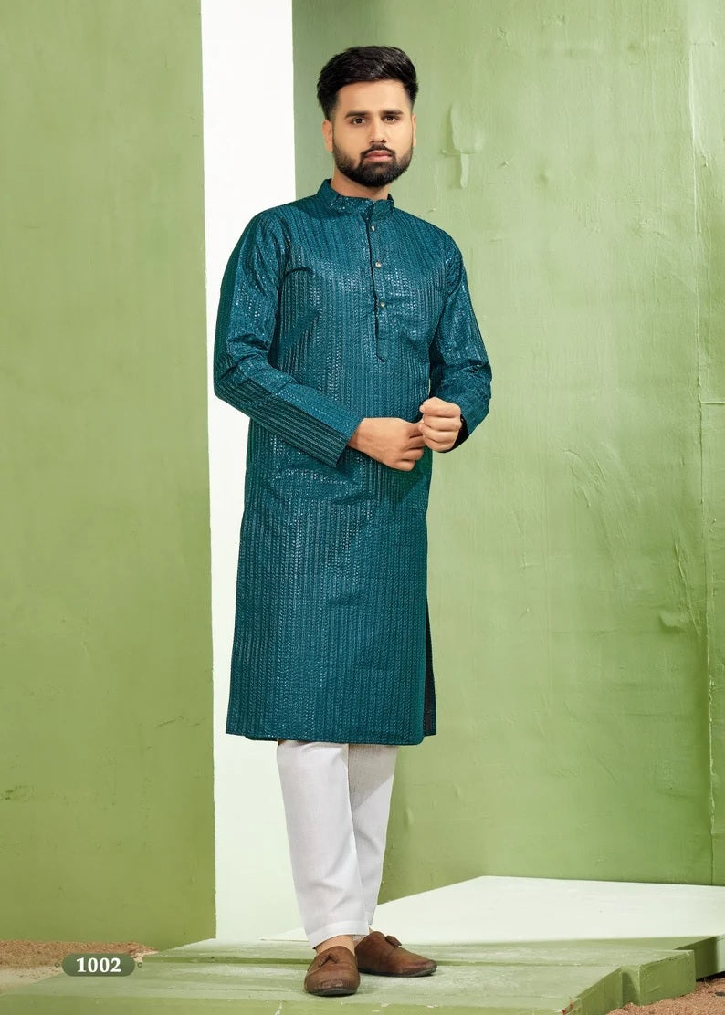 Heavy Banglori Silk With Embroidery Sequence Work Kurta Pajama Set