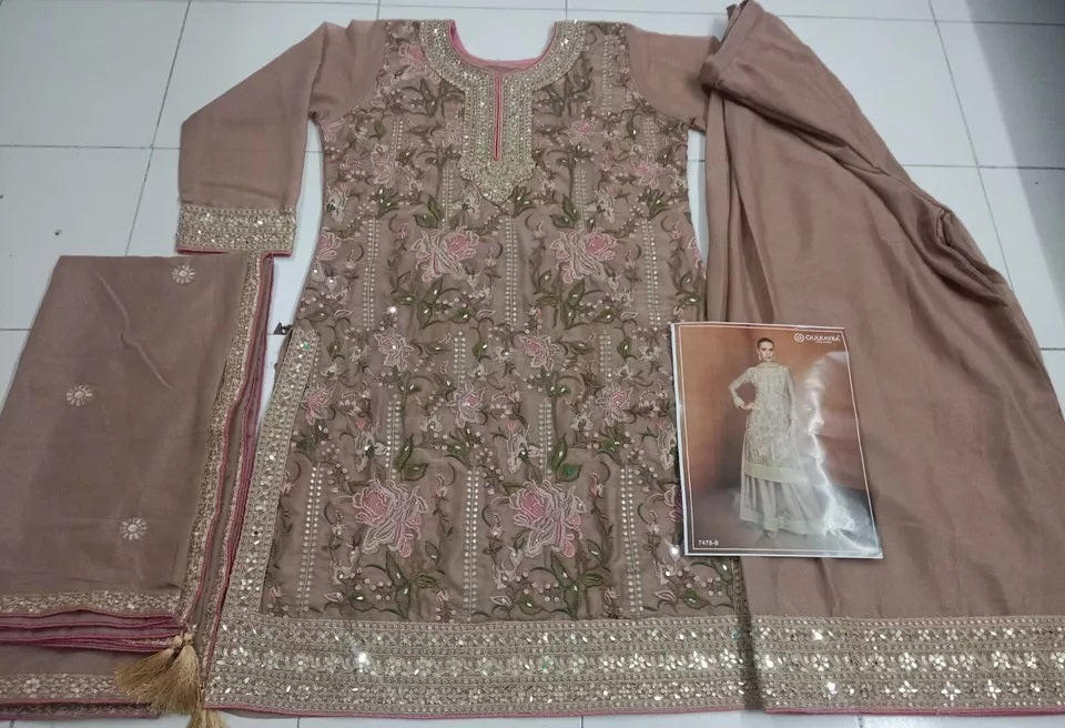 Pakistani Wedding Heavy Star Georgette FullStitched Top Palazzo Dupatta Set