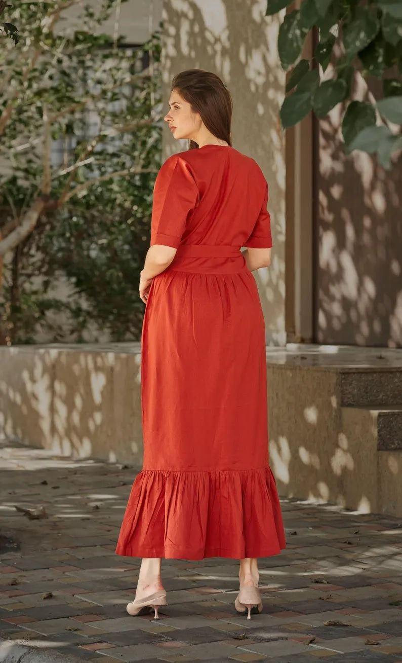 Linen V- Neck half Sleeve With Adjustable Maxi Dress , Red Kaftan Linen Dress
