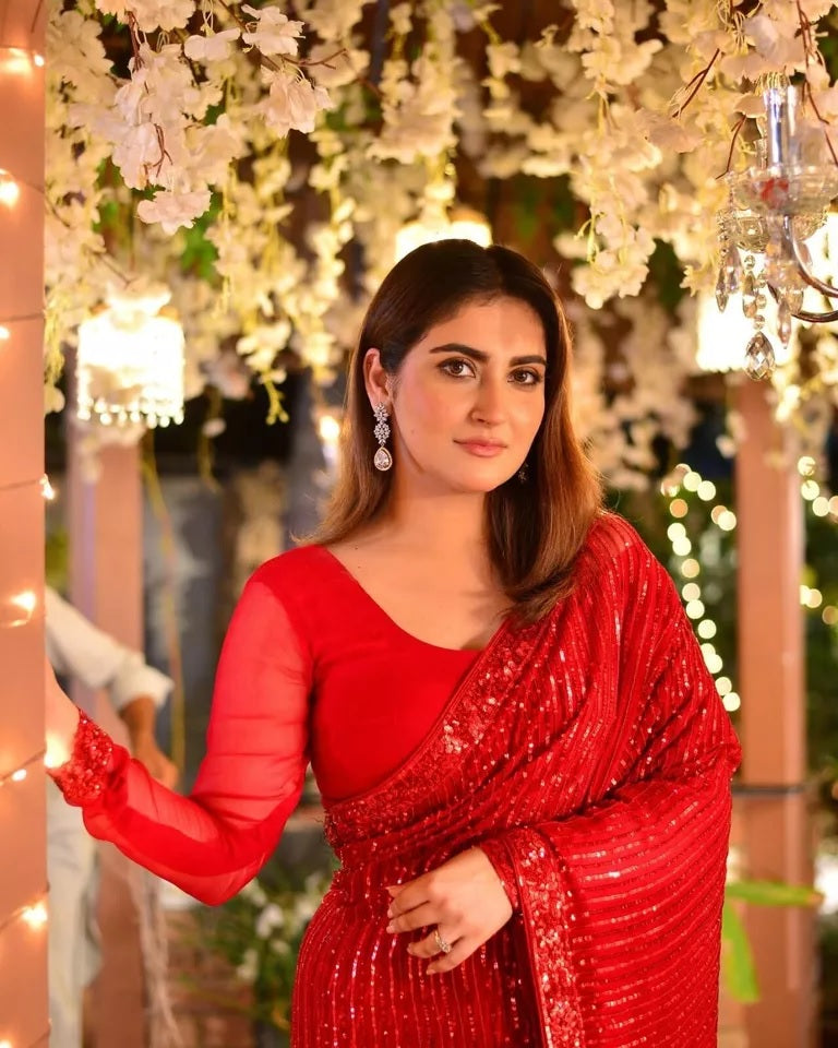 Red Georgette With Embroidery Sequence Work Saree