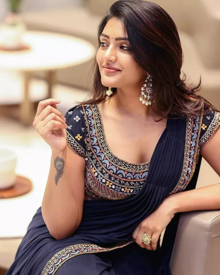 Soft Georgette With Embroidery Lace Border Ready To Wear Sari With Blouse