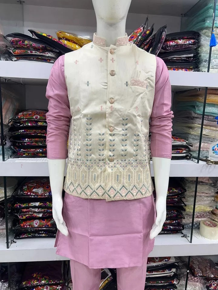 Men's Heavy Banglori Silk With Embroidery Work Koti Kurta Polo Pant Set