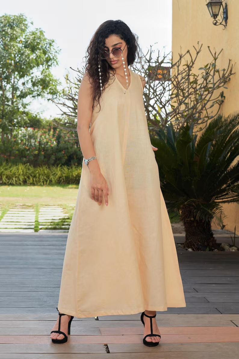 Linen Flared Jumpsuit , Loose Linen Jumpsuit. Beige Jumper