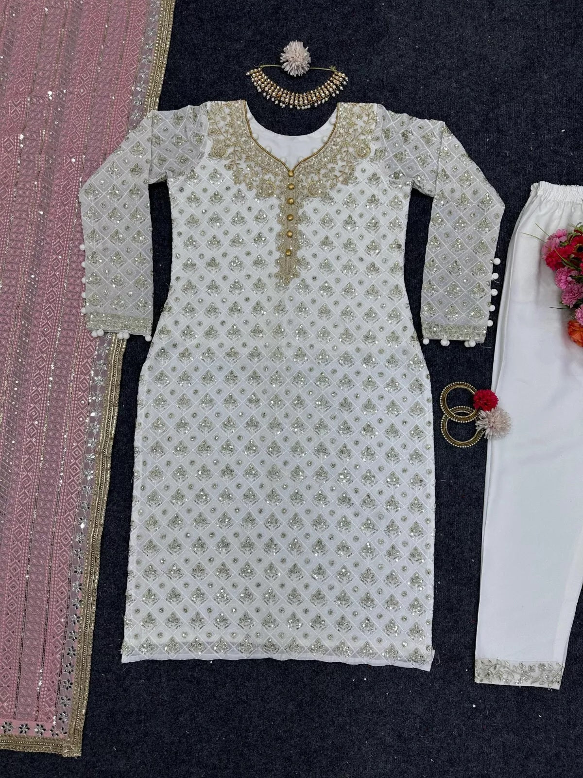Faux Georgette Traditional Style Top Pant & Dupatta Set