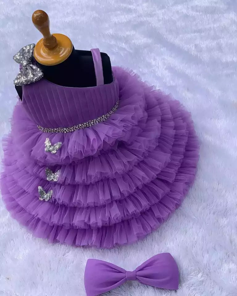 Lovely Sequins Bow and Diamond Belt Net Frock for Baby Girls