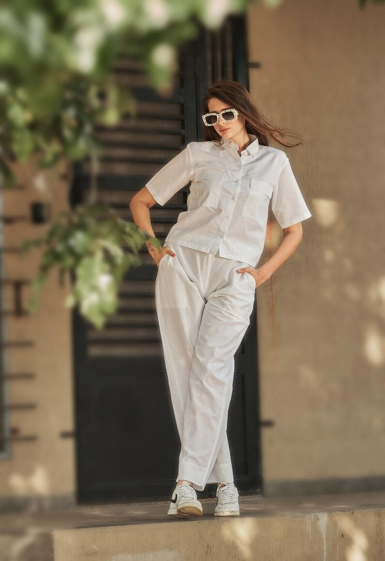 Linen Women Shirt Pant Set , Linen Co-Set , Summer Wear Clothing
