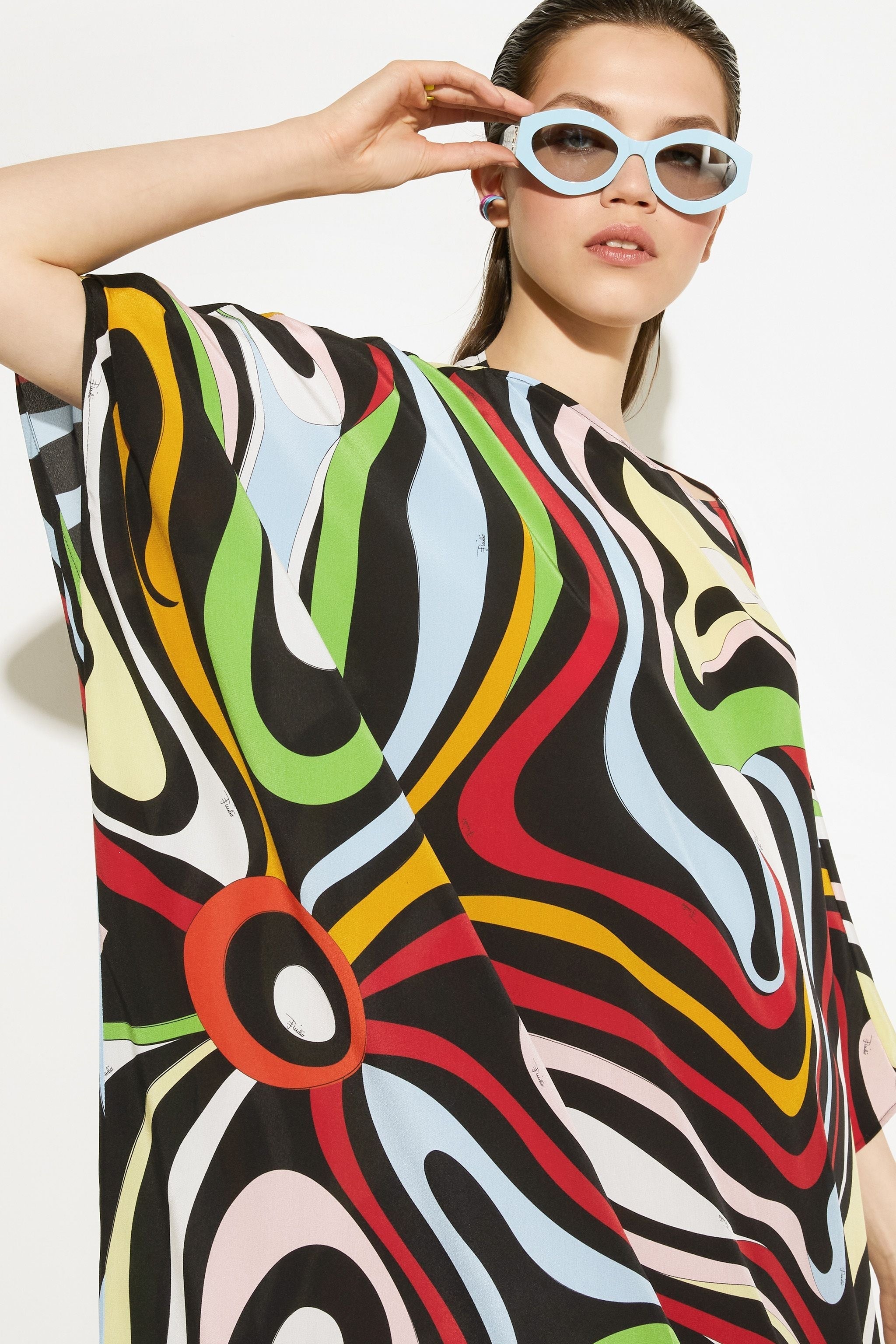 Women Printed Multi Color Caftan, Long Silk Crepe Kaftan