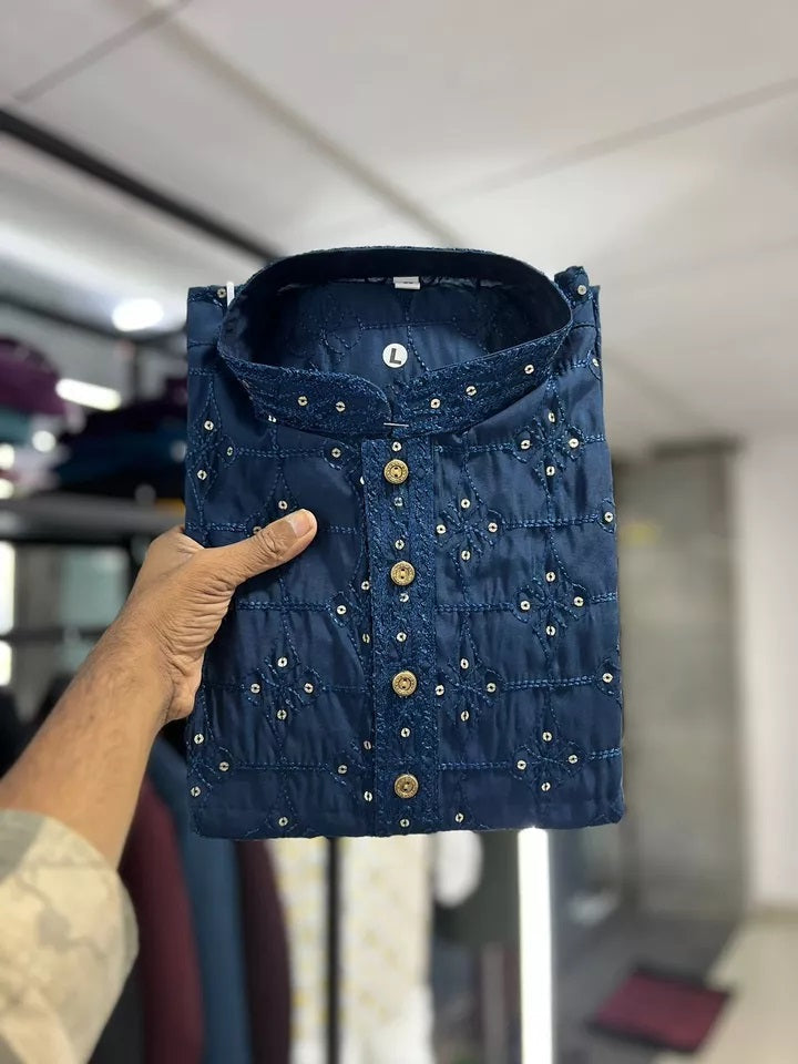 Designer Cotton With Heavy Machine Embroidery Kurta Pajama Set For Men's