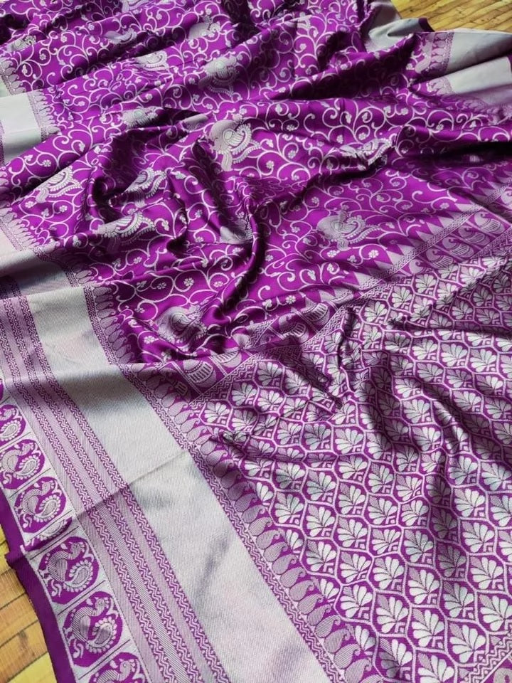 Purple Banarsi Soft Silk Saree & Blouse