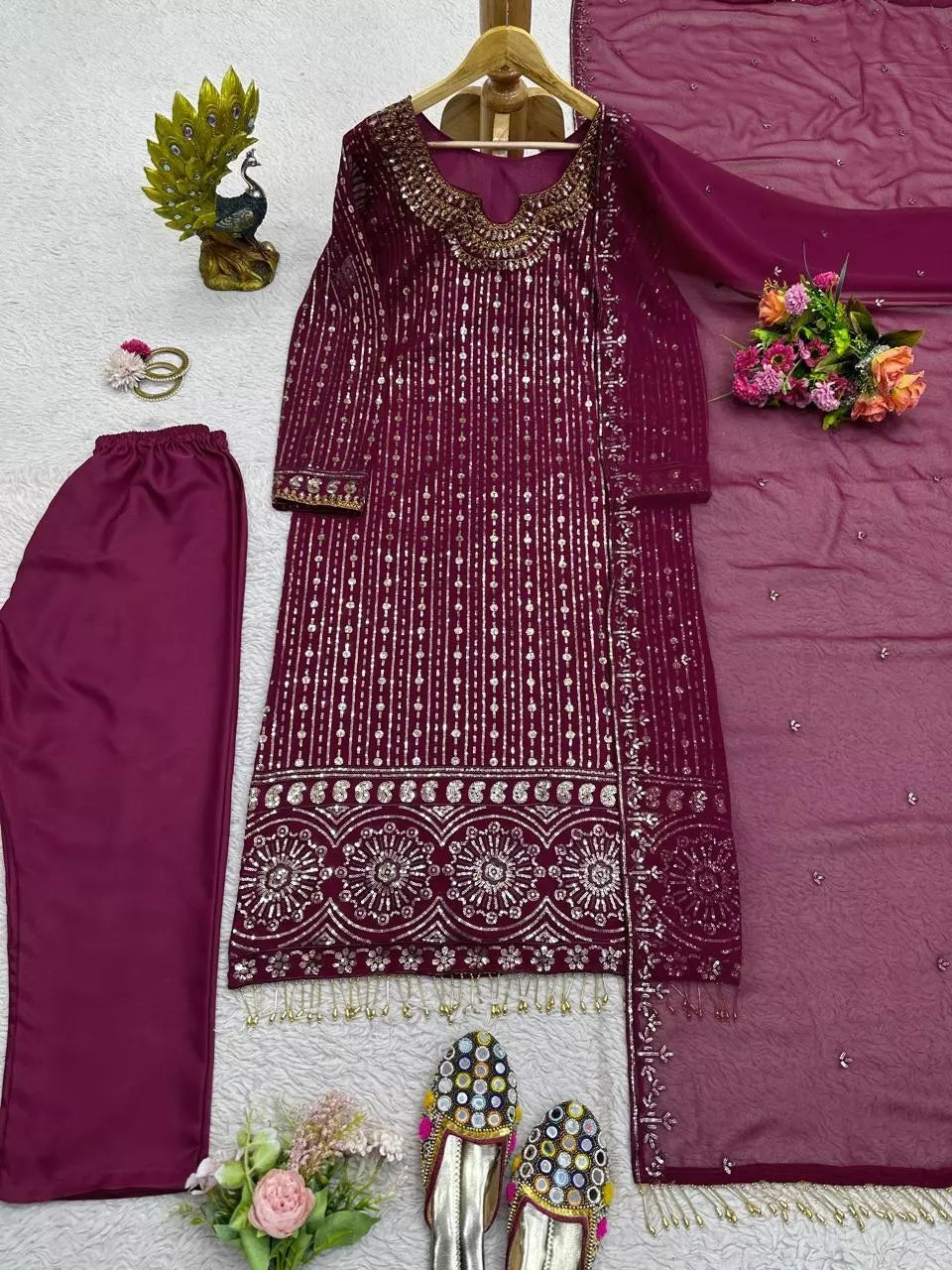 Georgette Function Style Top Pant With Dupatta Set