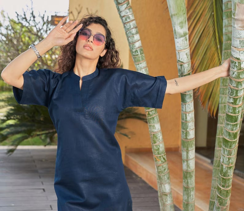 Linen Women Kurti Half Sleev Kurta V-neck style Top