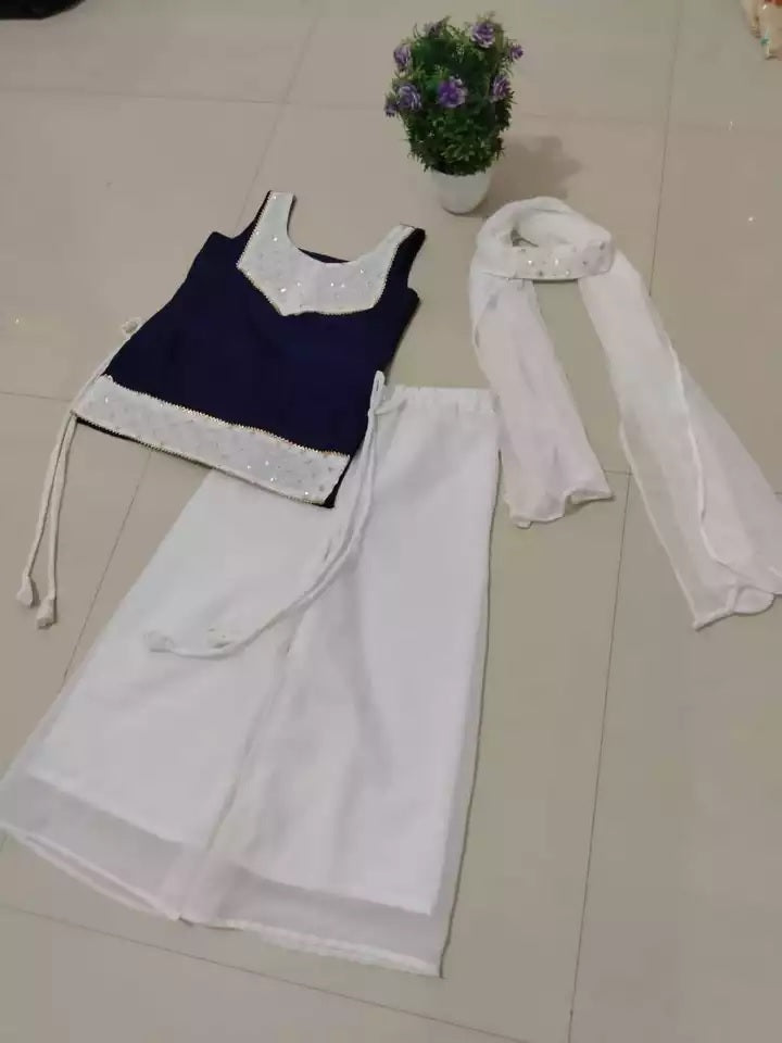 Girls & Kids Georgette Sequence Work Wedding Wear Top Palazzo With Dupatta