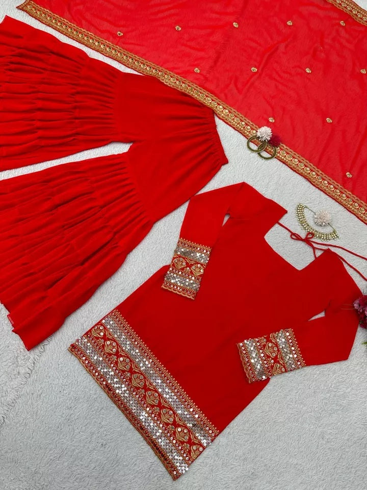 Traditional Classic Wear Faux Georgette Stitched Top Sharara With Dupatta