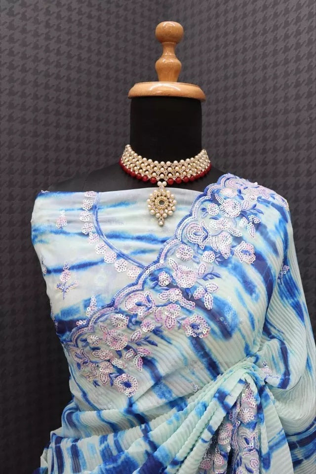 Soft Crush Multi Color Print Georgette Sari & Blouse