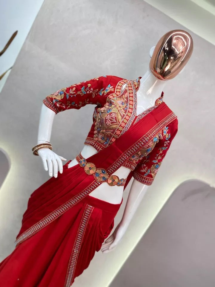 Fiona Silk  Embroidery Lace Work & Moti Work Lehenga Saree Blouse With Belt