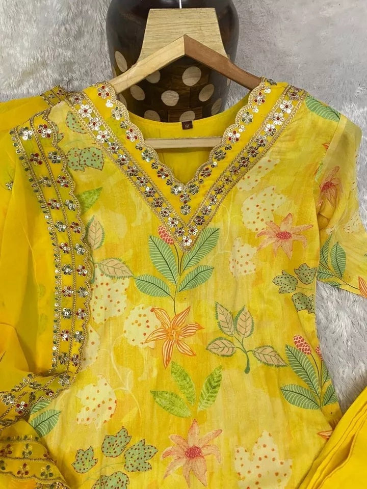 Function Pure Muslin Digital Print With Embroidery Work Kurti Bottom Dupatta