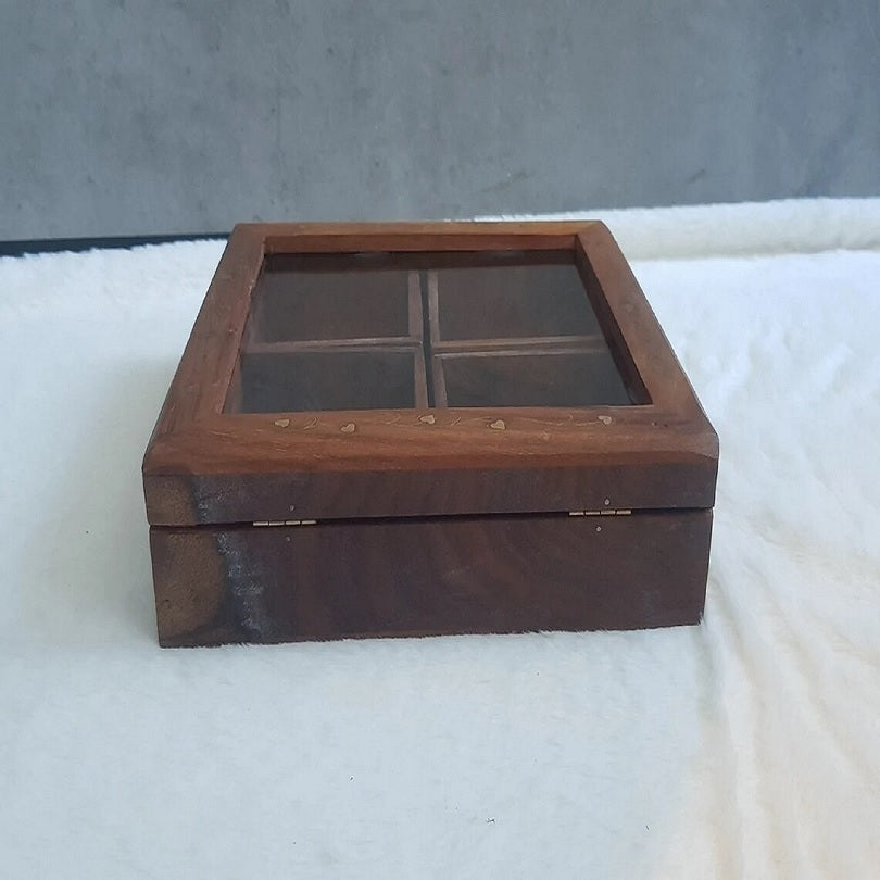 Decorative Teak Wooden Spices Box Massala Box With Mirror Lid & Lock Square Namak Dani