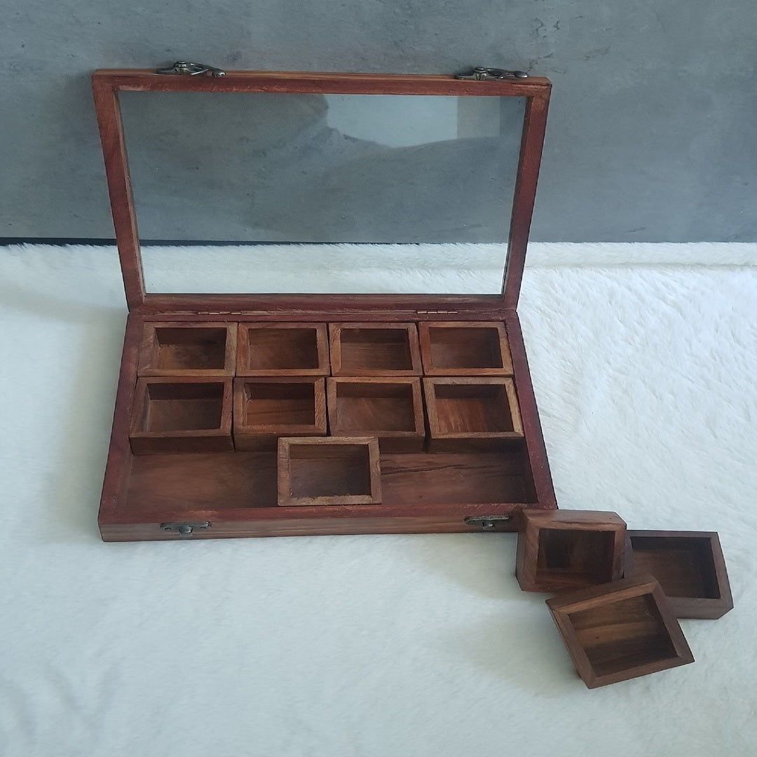Wooden Multi-Compartment Storage Box Multipurpose Table Top Glass Lid on Top Box Spice box Dry Fruit Box