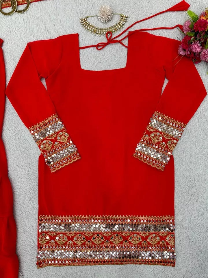 Traditional Classic Wear Faux Georgette Stitched Top Sharara With Dupatta