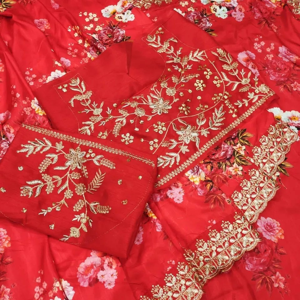 Soft Vichitra Silk Embroidery Sequence Coding Work Saree With Blouse