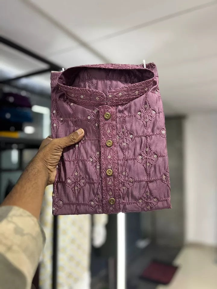 Designer Cotton With Heavy Machine Embroidery Kurta Pajama Set For Men's