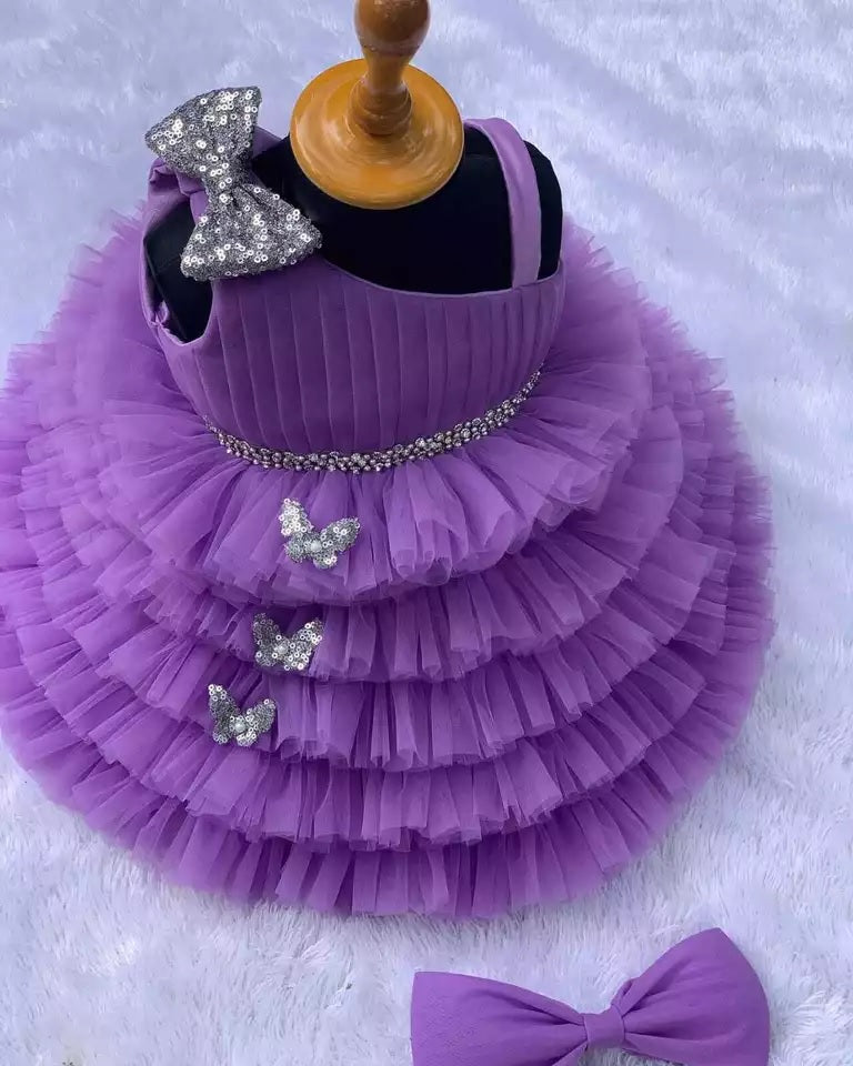 Lovely Sequins Bow and Diamond Belt Net Frock for Baby Girls