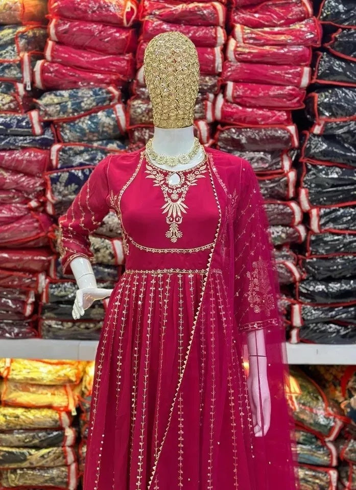 Classic Ethnic Stitched Pure Faux Georgette Long Anarkali Gown Pant Dupatta