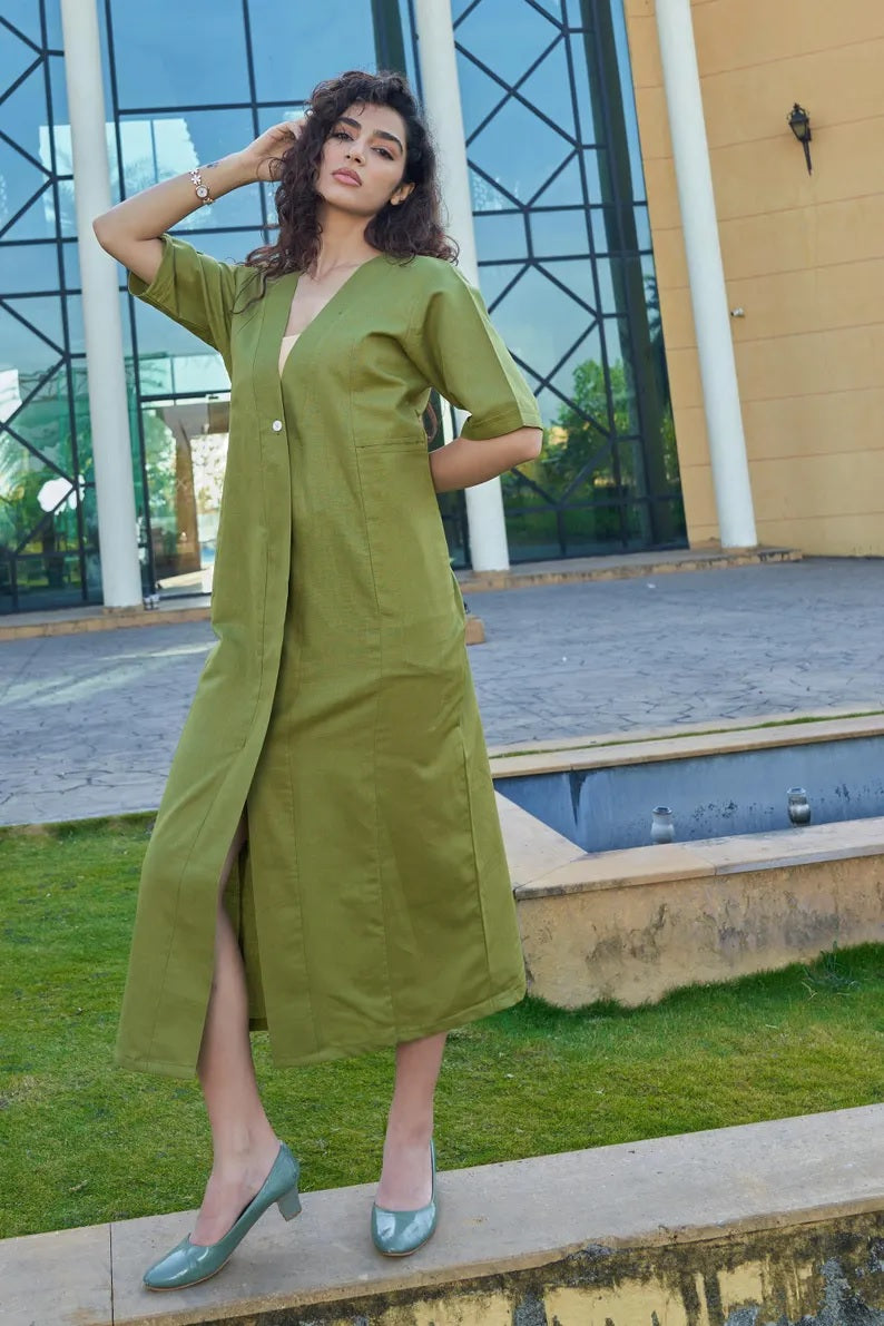 Linen Women Onepiece Dress , V-Neck One Button Center Cut Onepiece