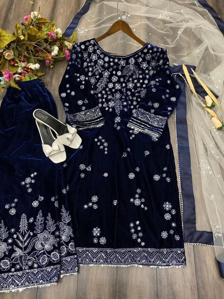 Ethnic Festival Collection Indian Stitched Viscose Velvet Top Pant Dupatta