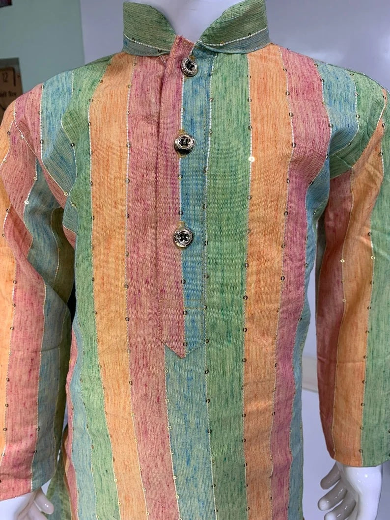 Linen Slub Strip Fancy Kid's & Boy's Kurta Pajama Set