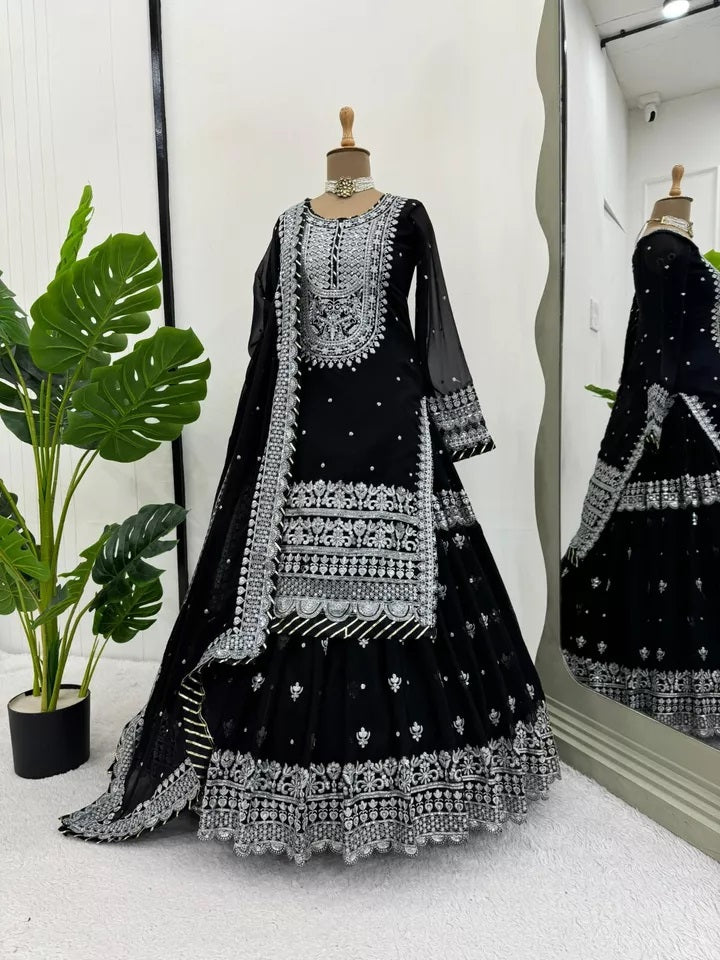 Bollywood Style Faux Georgette Top Sharara With Dupatta