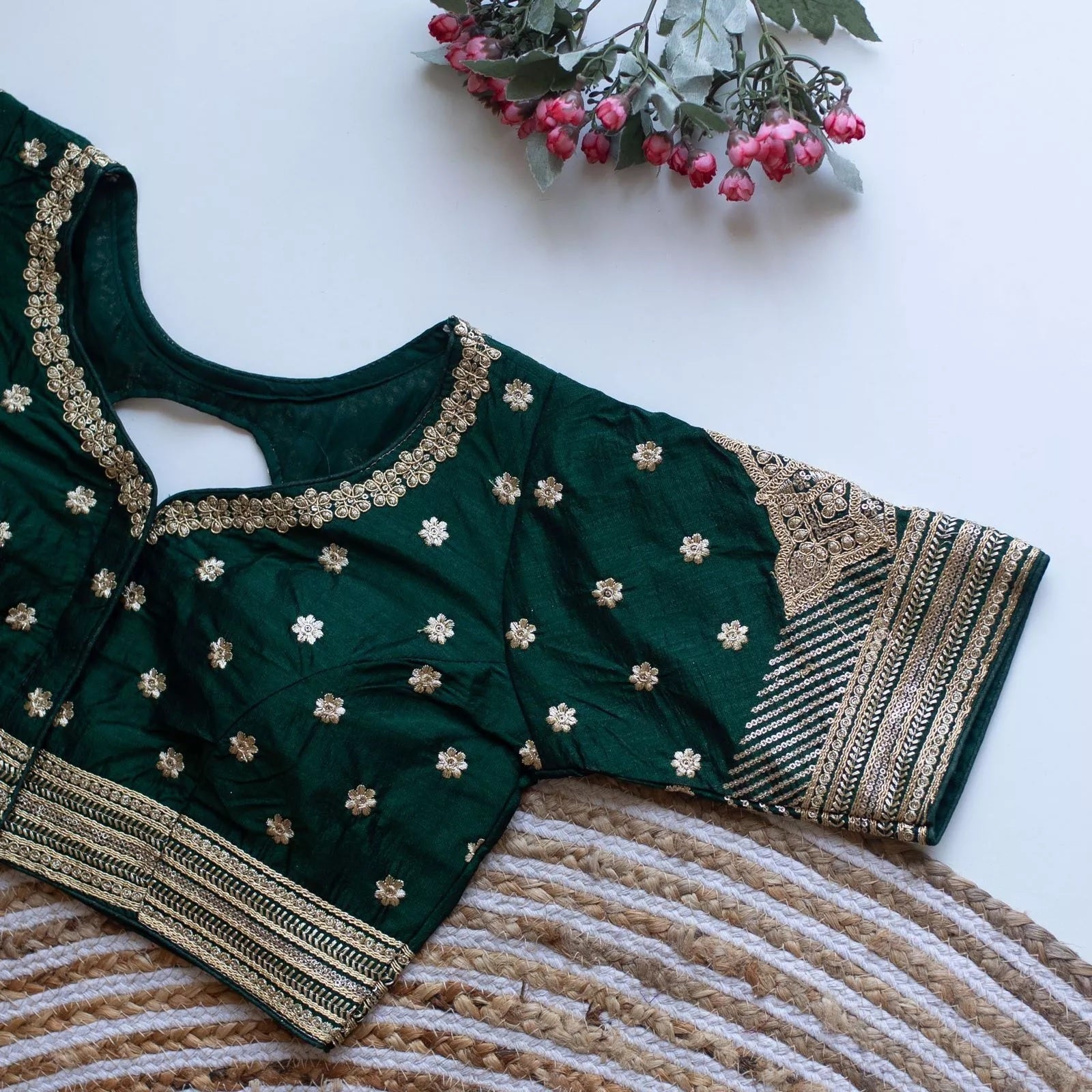 Caterpillar Silk With Golden Embroidery & Sequence Work Full Stitched Blouse & Choli