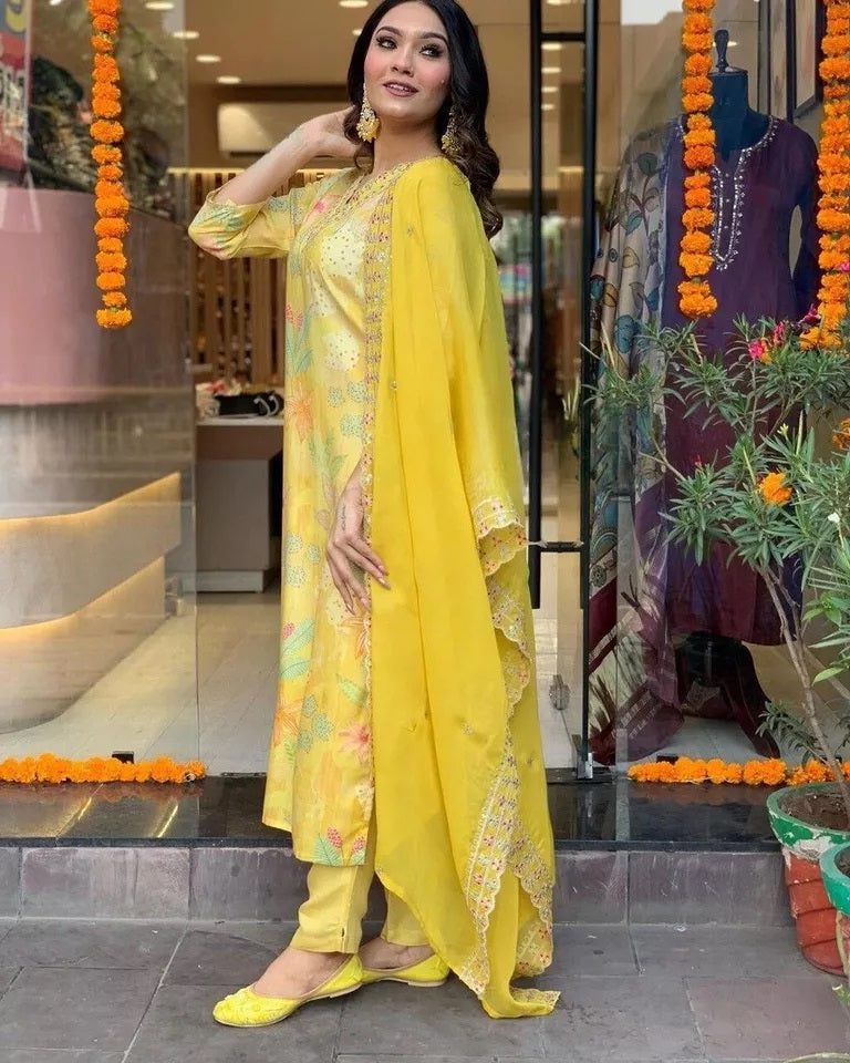 Function Pure Muslin Digital Print With Embroidery Work Kurti Bottom Dupatta