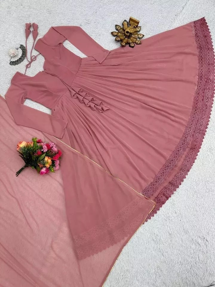 Traditional Classic Full Stitched Faux Georgette Long Anarkali Gown Dupatta