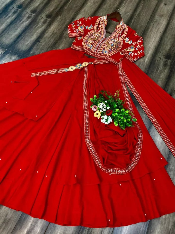 Fiona Silk  Embroidery Lace Work & Moti Work Lehenga Saree Blouse With Belt