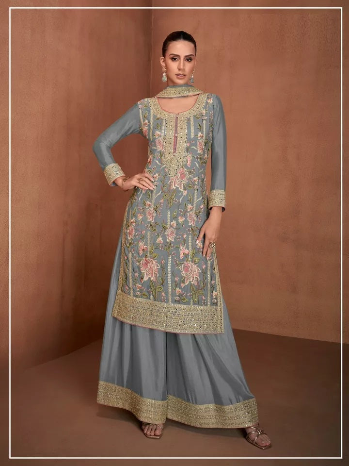 Pakistani Wedding Heavy Star Georgette FullStitched Top Palazzo Dupatta Set