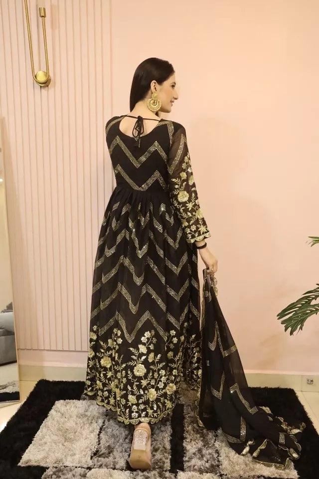 Fox Georgette With Embroidery Work With Full Sleeve Gown Bottom Dupatta Set