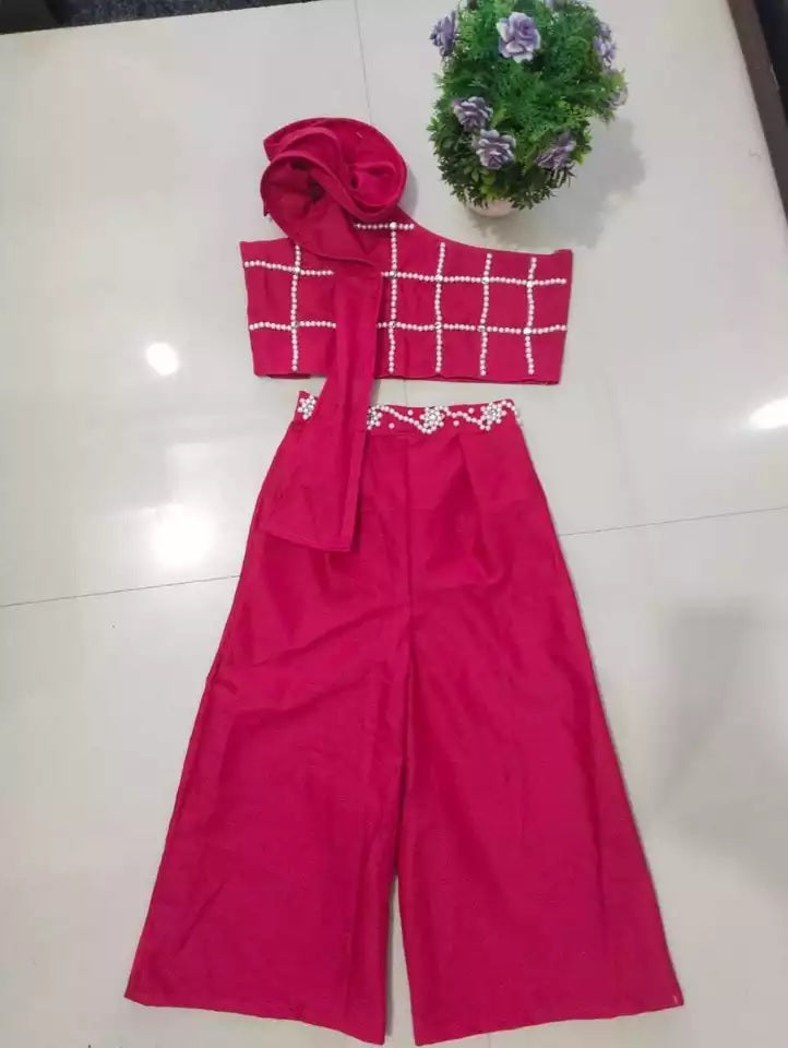Elegant Bright Pink Cotton Palazzo and One-Shoulder Top Set
