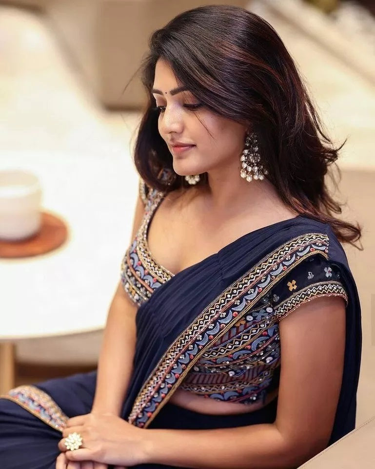Soft Georgette With Embroidery Lace Border Ready To Wear Sari With Blouse