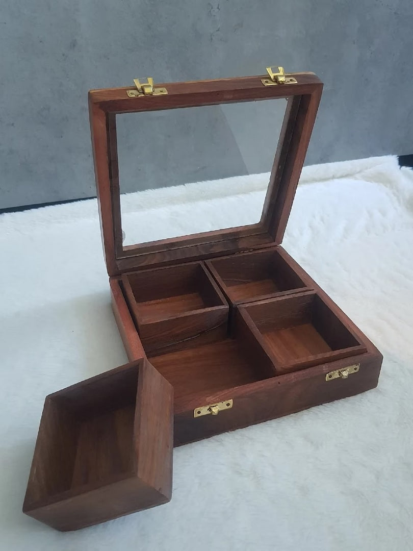 Decorative Teak Wooden Spices Box Massala Box With Mirror Lid & Lock Square Namak Dani