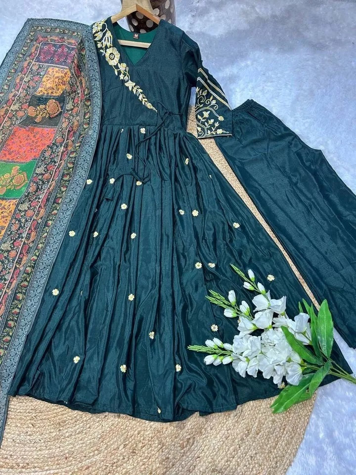 Heavy Pure Chinon Silk With Embroidery Work FullSleeves Gown Bottom Dupatta