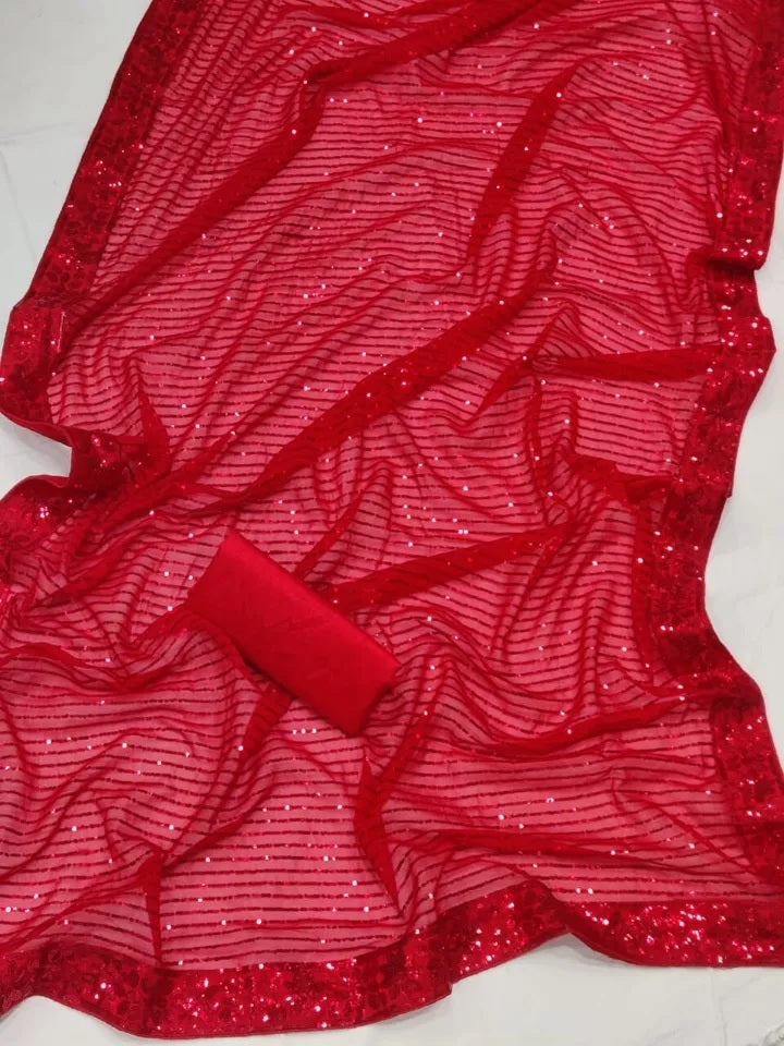 Red Georgette With Embroidery Sequence Work Saree