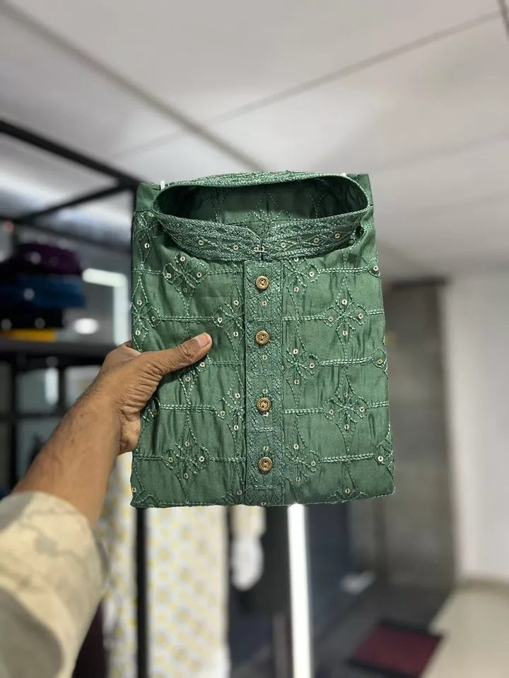 Designer Cotton With Heavy Machine Embroidery Kurta Pajama Set For Men's