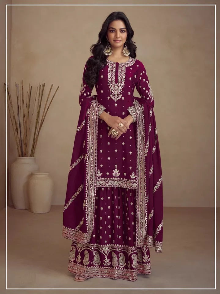 Party Wedding Collection Semi Stitched Heavy Silk Top Palazzo & Dupatta