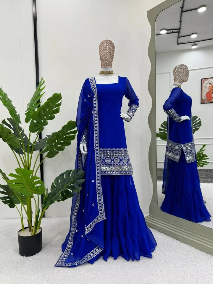 Traditional Classic Wear Faux Georgette Stitched Top Sharara With Dupatta