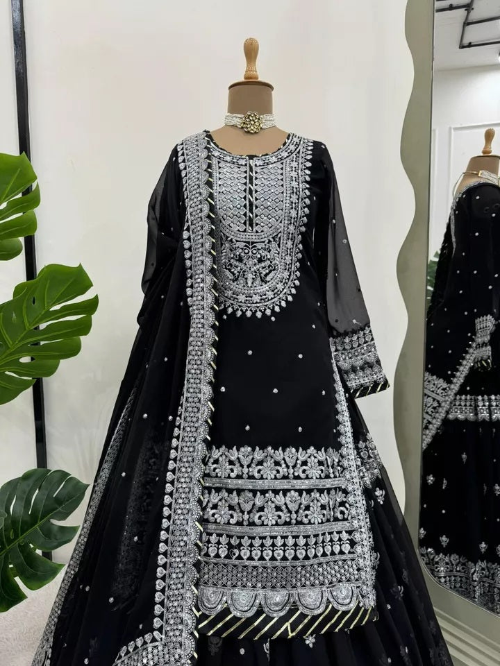Bollywood Style Faux Georgette Top Sharara With Dupatta