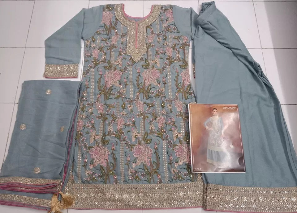 Pakistani Wedding Heavy Star Georgette FullStitched Top Palazzo Dupatta Set
